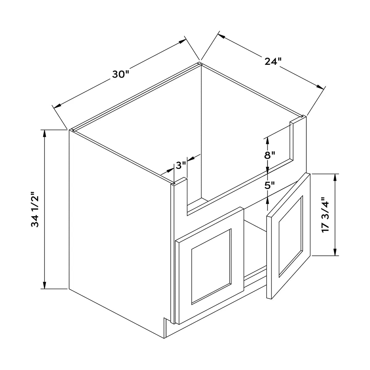 Craft Cabinetry Shaker Black 30”W Sink Cabinet Image Specifications