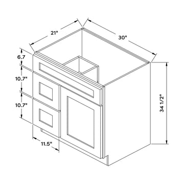 Craft Cabinetry Shaker Aqua 30”W Left Drawers Right Door Vanity Cabinet