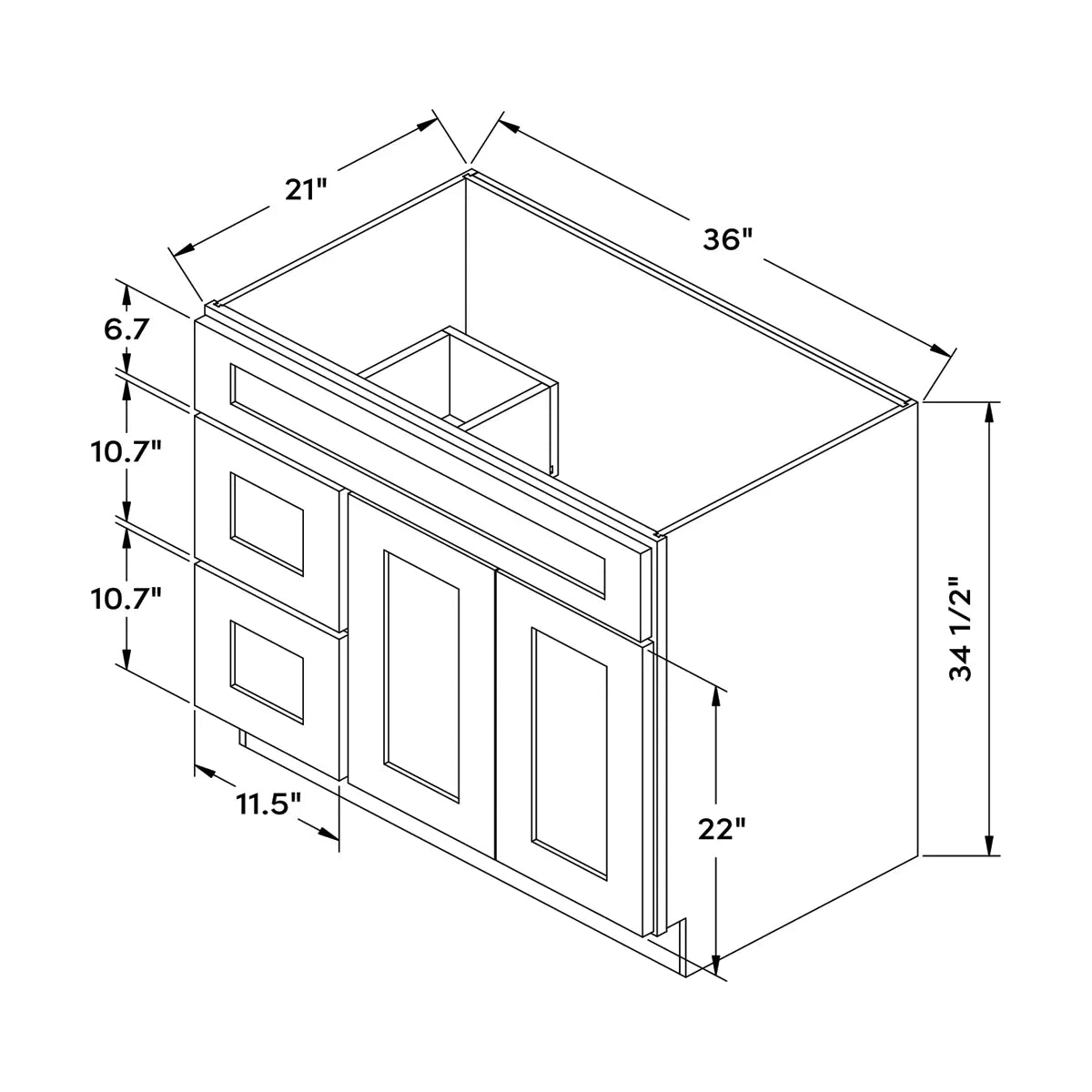 Craft Cabinetry Shaker Navy 36”W Left Drawers Right Door Vanity Cabinet Image Specifications