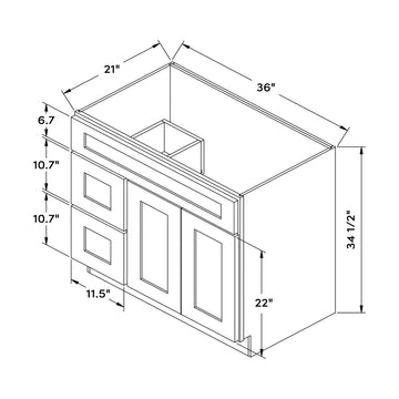 Craft Cabinetry Shaker Aqua 36”W Left Drawers Right Door Vanity Cabinet