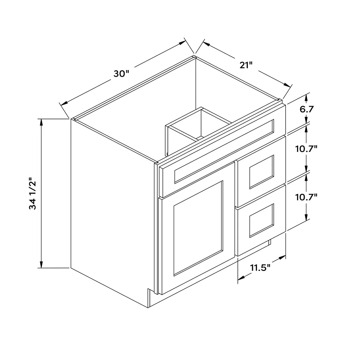 Craft Cabinetry Shaker White 30"W Right Drawers Left Door Vanity Cabinet Image Specifications