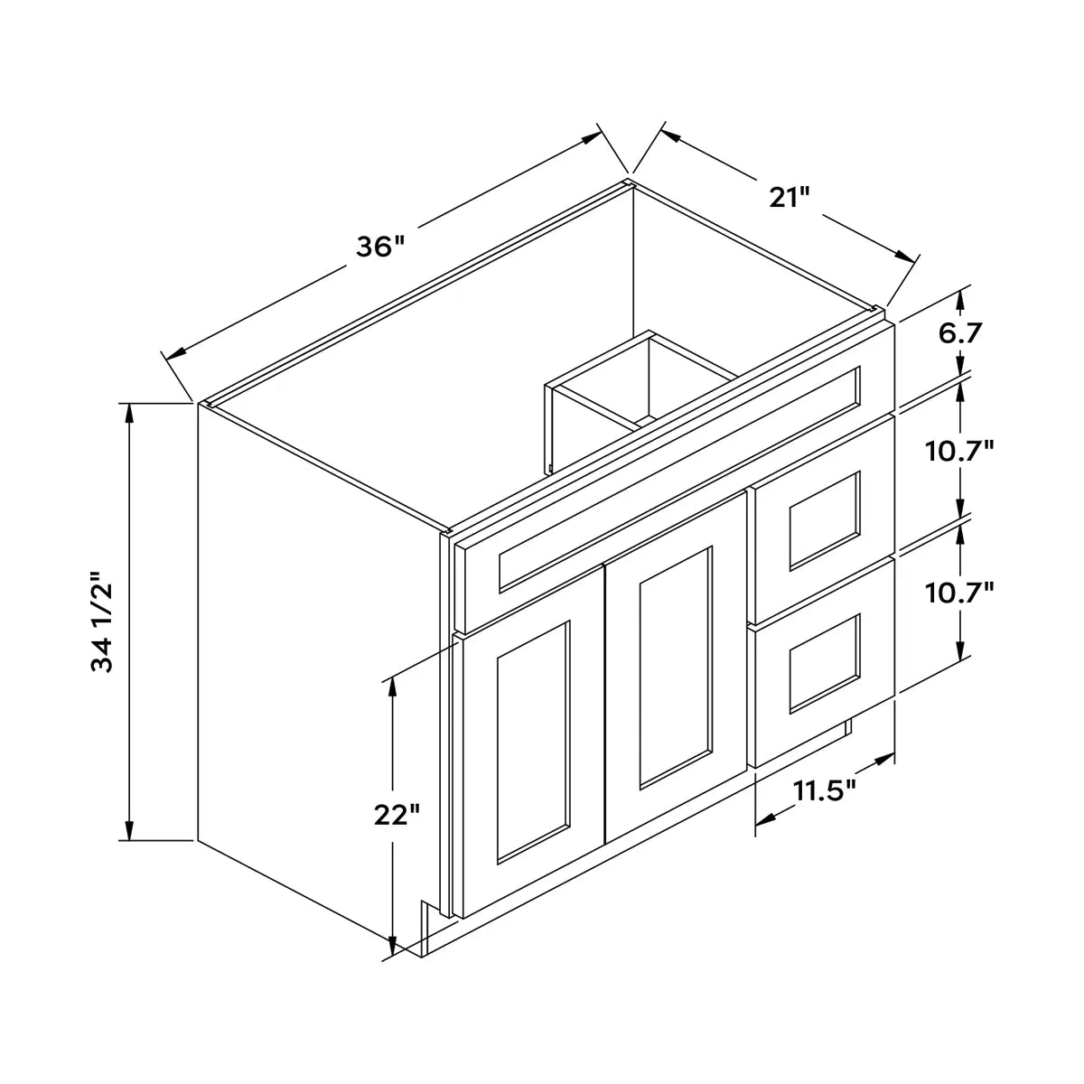 Craft Cabinetry Shaker White 36"W Right Drawers Left Door Vanity Cabinet Image Specifications